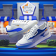 White Caster + PUMA sneaker collaboration; white sneaker with royal blue accents in front of White Caste restaurant